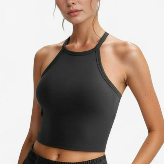 Women's High Neck Cropped Tank Top with Racer Style Straps and Seamless Fit for Active and Casual Wear - Medium, Black