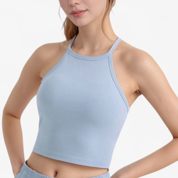 Women's High Neck Cropped Tank Top with Racer Style Straps and Seamless Fit for Active and Casual Wear - Medium, Light Blue