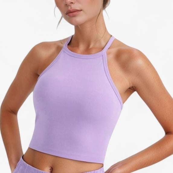 Women's High Neck Cropped Tank Top with Racer Style Straps and Seamless Fit for Active and Casual Wear - Medium, Purple