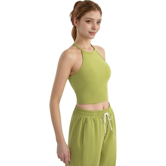 Women's High Neck Cropped Tank Top with Racer Style Straps and Seamless Fit for Active and Casual Wear - Small, Green