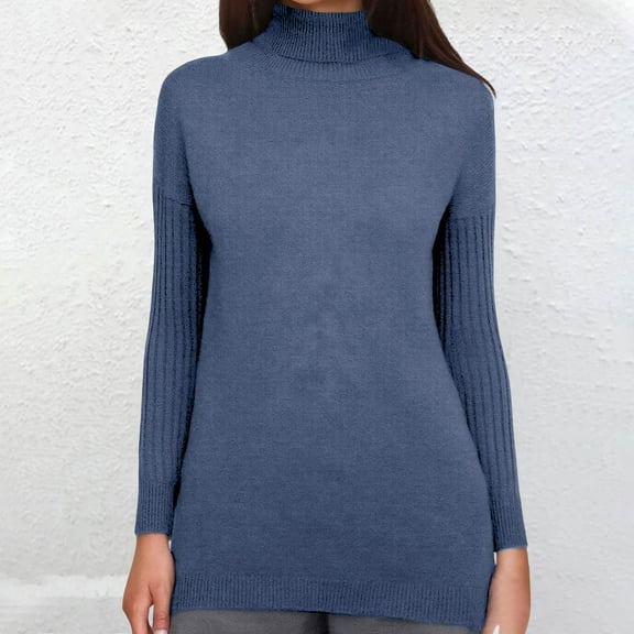 Women's High Neck Drop Shoulder Sweater, Chunky Knit Casual Pullover, Oversized Ribbed Long Sleeve Top, Relaxed Fit Cable Knit Blouse, Comfortable Loose Fit Winter Sweater Navy S