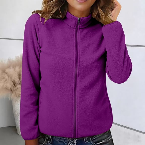 Women's High Neck Fleece Jacket, Lightweight Winter Coat, Soft Long Sleeve Zip Up, 4 Pocket Casual Outerwear, Solid Color Fleece Jacket Purple XXXL