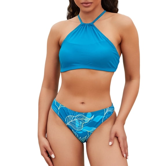 Women's High Neck Floral Printed Low Waisted Bikini Two Piece Bath Suit