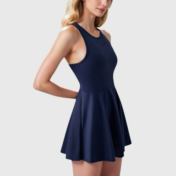 Women's High Neck Flowy Athletic Dress with Built-In Shorts - Large, Navy