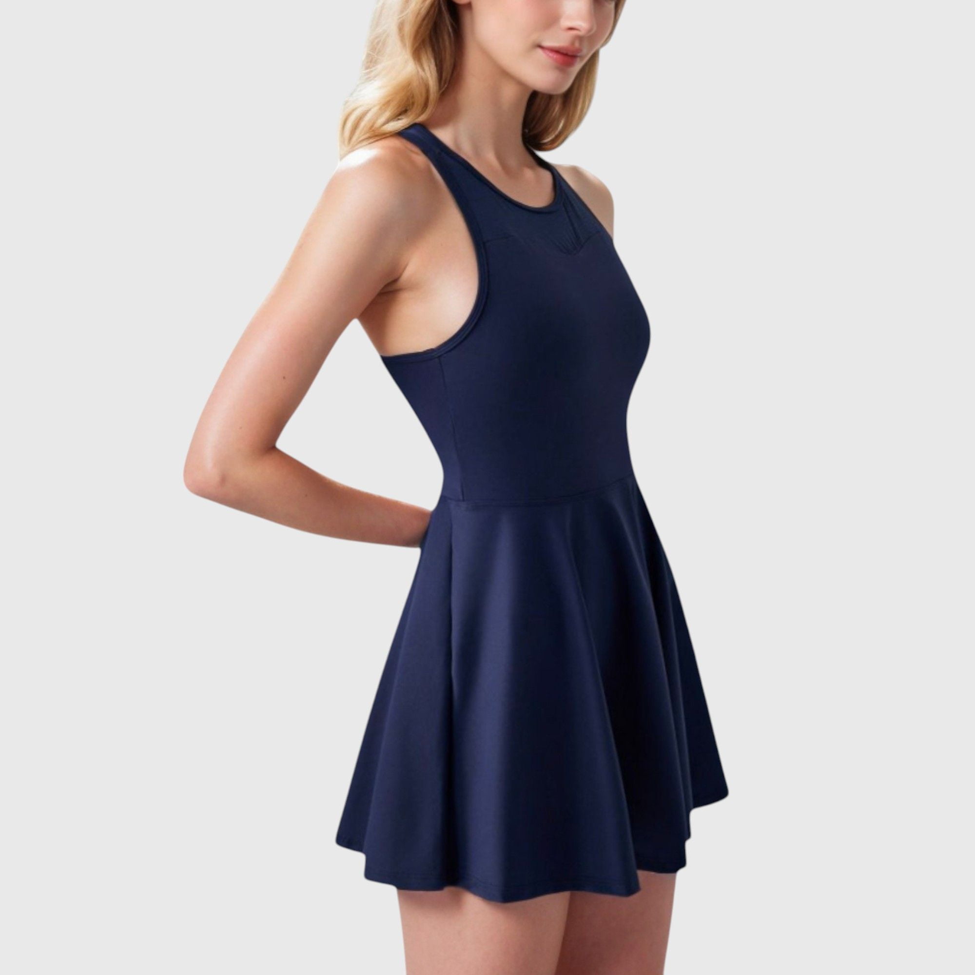 Women's High Neck Flowy Athletic Dress with Built-In Shorts - Medium, Navy