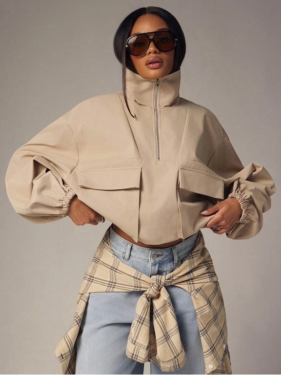 Women’s High Neck Half Zip Jacket, Oversized Lightweight Pullover with Flap Pockets, Casual Fall and Winter Outerwear