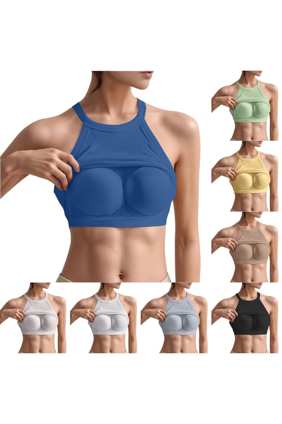 Women's High Neck Halter Tank Top Built-in Bra, Sleeveless Padded Ribbed Vest, Yoga Crop Top, Seamless Base Layer Camisole With Chest Cushion