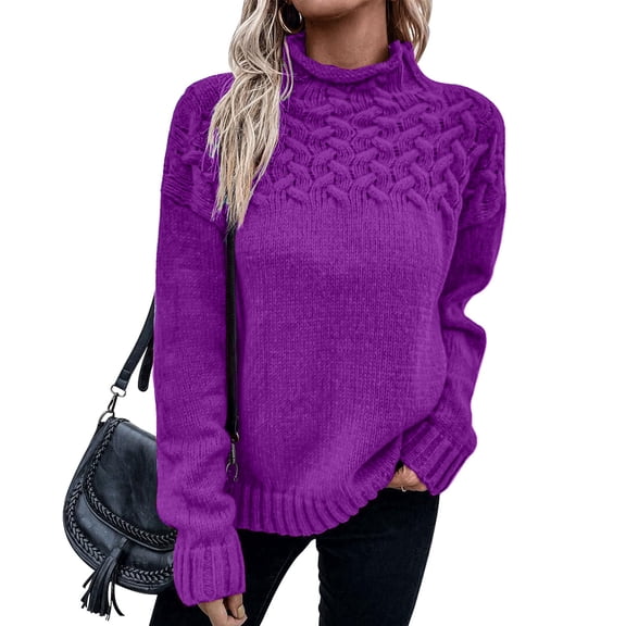 Women's High Neck Knit Sweater Winter Warm Long Sleeve Pullover Solid Color Casual Top