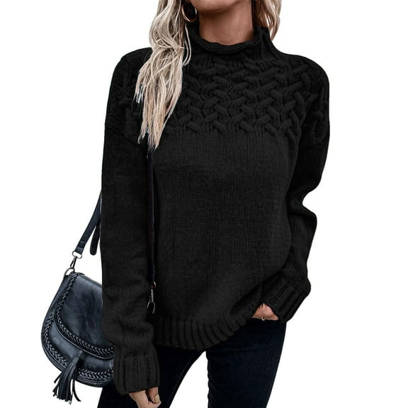 Women's High Neck Knit Sweater Winter Warm Long Sleeve Pullover Solid Color Casual Top