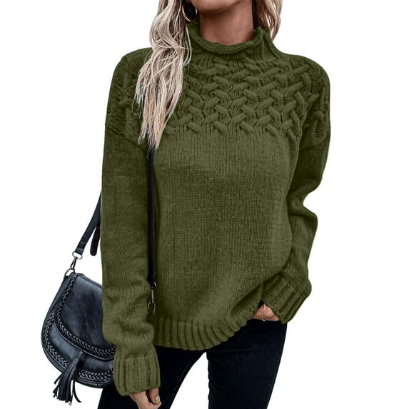 Women's High Neck Knit Sweater Winter Warm Long Sleeve Pullover Solid Color Casual Top