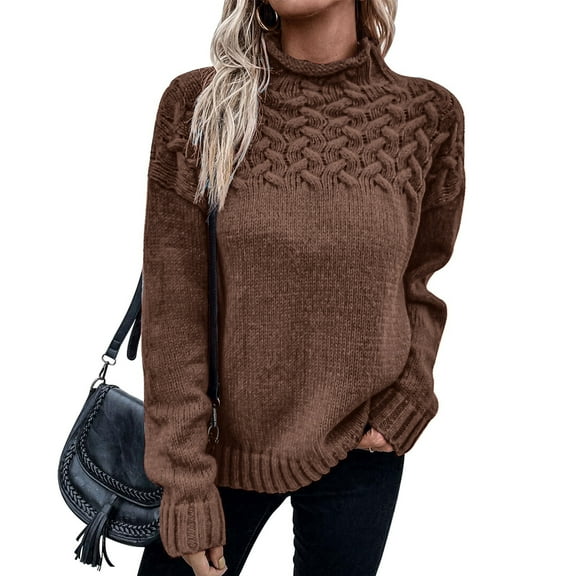 Women's High Neck Knit Sweater Winter Warm Long Sleeve Pullover Solid Color Casual Top