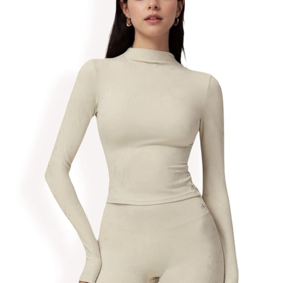 Women's High Neck Long Sleeve Active Top with Subtle Pattern - Small, Ivory
