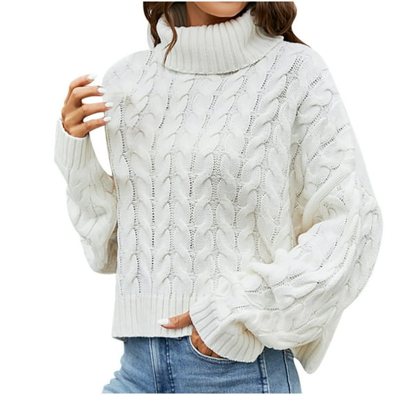 Women's High Neck Long Sleeve Sweaters Solid Color Knit Pullover Winter Loose-Fit Casual Blouse Tops
