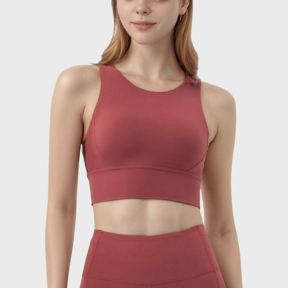Women's High Neck Longline Sports Bra with Wide Straps and Keyhole Back for Stylish Medium Support - Small, Burgundy