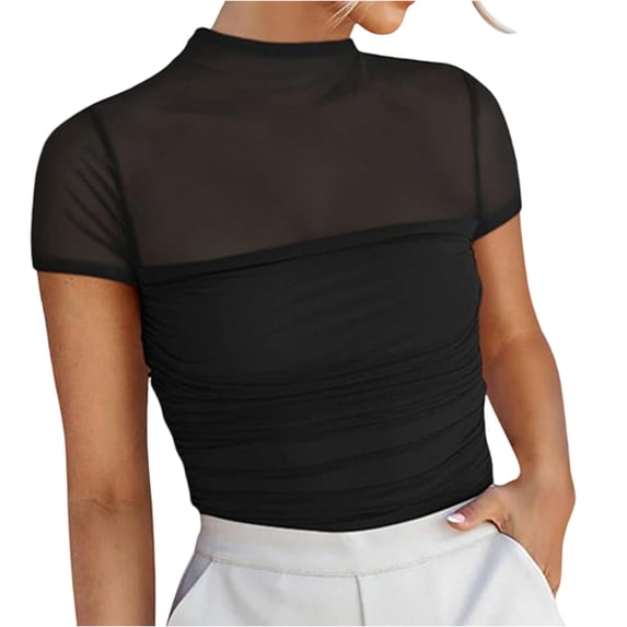 Women's High Neck Mesh Short Sleeve T-Shirt Breathable Double Layered Fit Blouse Summer Fashion Tops for Daily Work Date Travel Blend Soft Stretchy Shirt Streetwear Party Vacation Outfits Black Xl