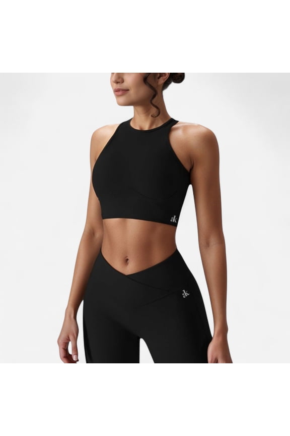 Women's High Neck Racerback Sports Crop Top with Seamless Compression Fit - Large, Black