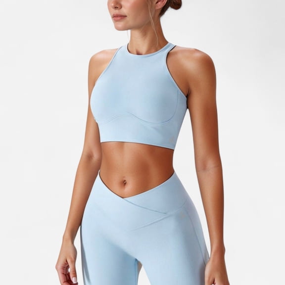 Women's High Neck Racerback Sports Crop Top with Seamless Compression Fit - X Large, Light Blue