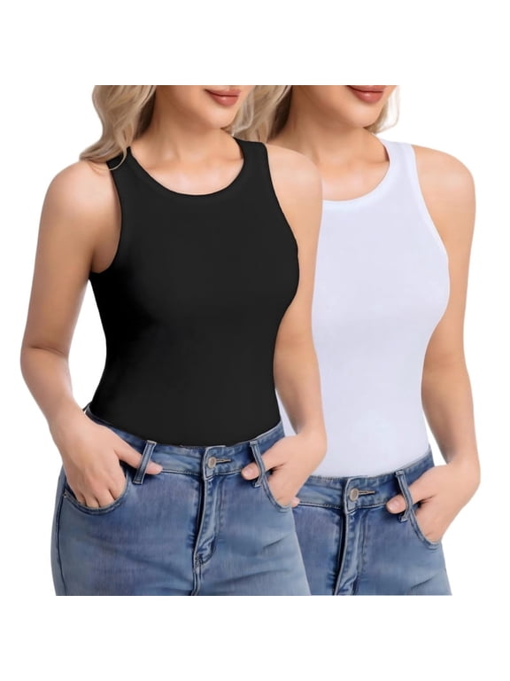 Women's High Neck Ribbed Tank Top 2-Pack Sleeveless Racerback Slim Fit Summer Casual White/Black Shirts