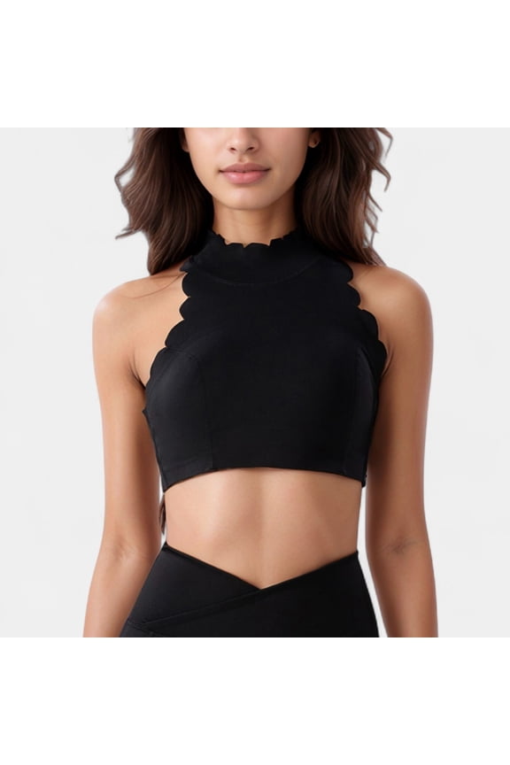 Women's High Neck Scallop Edge Sports Bra with Sleeveless Cut and Stylish Back Detailing for Light Activity - Large, Black
