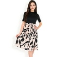 thumbnail image 1 of Women's High Neck Short Sleeve Dress with Contrast Leaf Print A-Line Skirt and Tie Waist- Black,Medium, 1 of 6