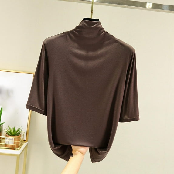Women's High Neck Short Sleeve Top, Soft Polyester Solid Color Blouse, Comfort Fit for Casual Daily Wear and Leisure Activities