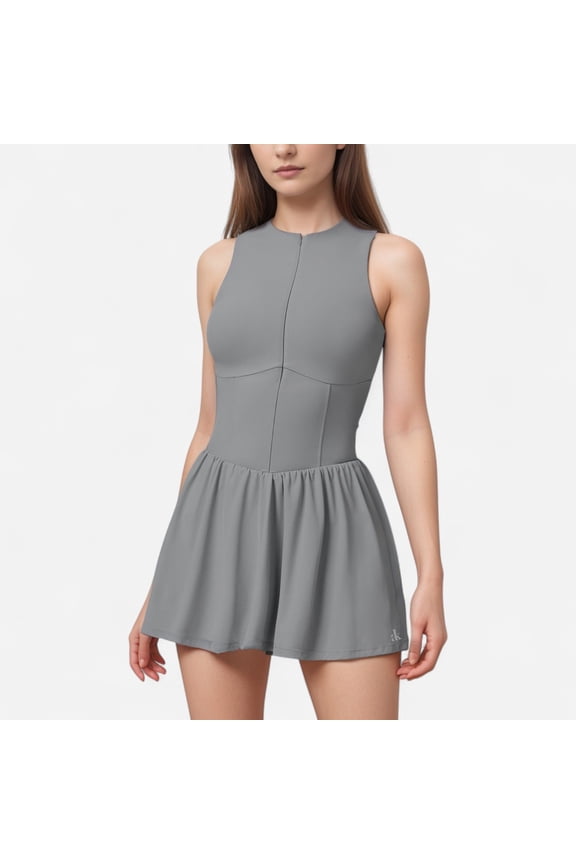 Women's High Neck Sleeveless Activewear Romper with Flowy Skirt Overlay and Built-In Shorts - Large, Gray