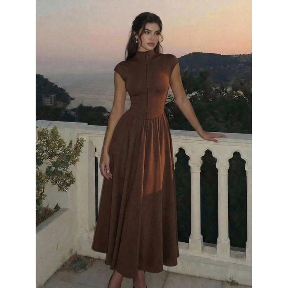 Women's High Neck Sleeveless Maxi Dress Cinched Waist A-Line Vintage Summer