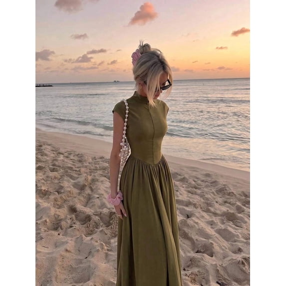 Women's High Neck Sleeveless Maxi Dress Cinched Waist A-Line Vintage Summer