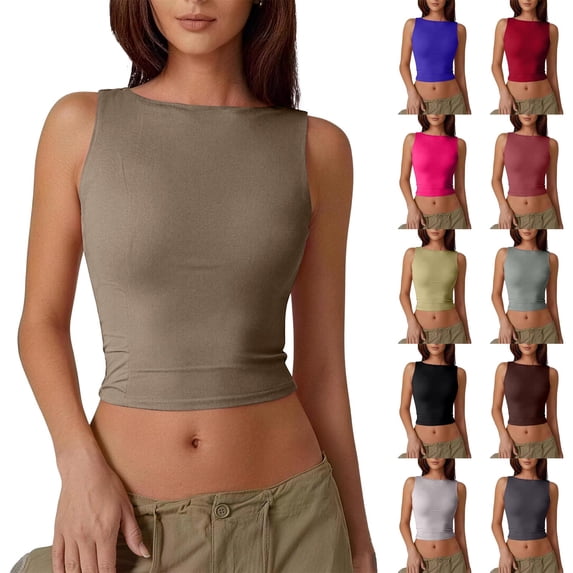 Women's High Neck Sleeveless Tank Tops with Backless Cropped Cut and Fitted Silhouette Featuring Solid Color Basic Style Hot Pink XL