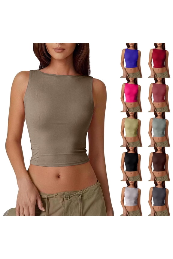 Women's High Neck Sleeveless Tank Tops with Backless Cropped Cut and Fitted Silhouette Featuring Solid Color Basic Style Red S