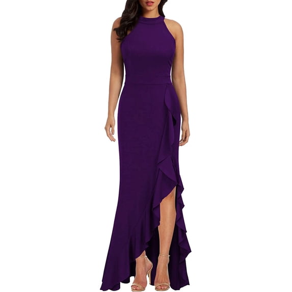 Women's High Neck Split Bodycon Mermaid Evening Cocktail Long Dress