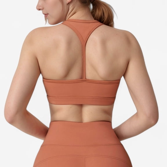 Women's High Neck Sports Bra with Minimalist T-Back Strap Design and Smooth Stretch Compression Fit - Small, Brown