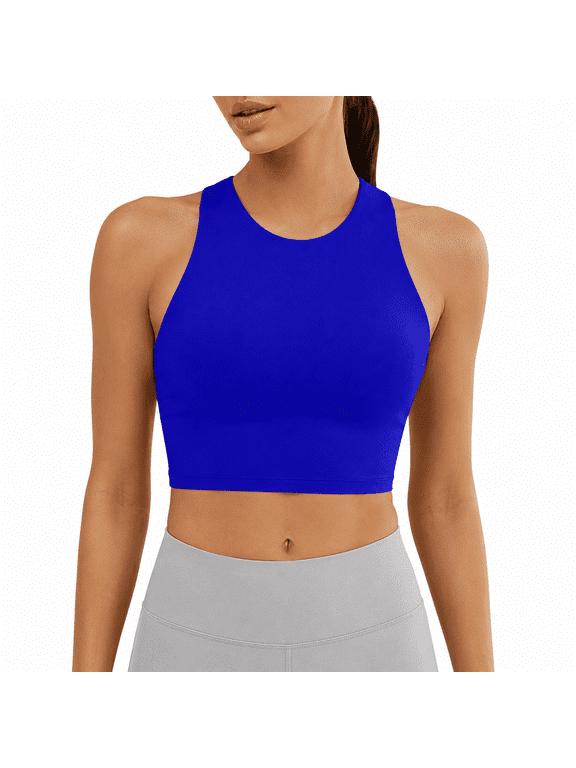 Womens High Neck Workout Bra Sleeveless Racerback Crop Top Wireless Athletic Sports Bra for Leggings Yoga Gym Blue S