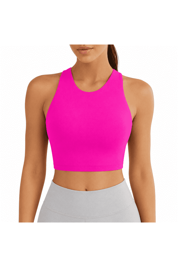 UVEASISHA Women's Racerback Sports Bra High Neck Wireless Crop Top Soft Comfortable Workout Bra for Gym Yoga Daily Wear Hot Pink M