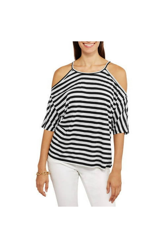 Women's High Neck Stripe Soft Knit Ribbed Swing Cold Shoulder T-Shirt