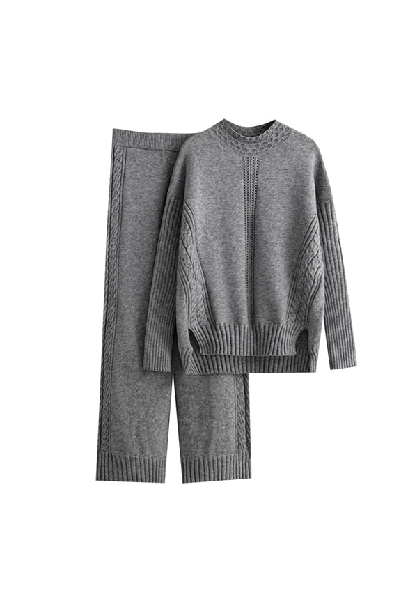 Women's High Neck Sweater & Wide Leg Pants Set - Knitted Two Piece - Autumn/Winter - One Size