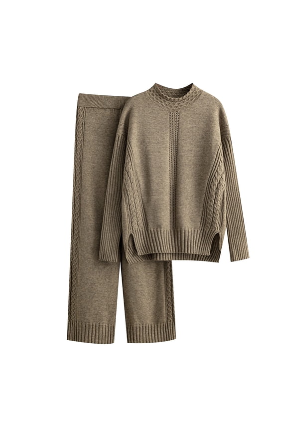 Women's High Neck Sweater & Wide Leg Pants Set - Knitted Two Piece - Autumn/Winter - One Size