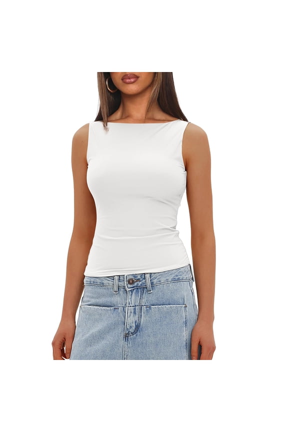 Women's High Neck Tank Top Sleeveless Double Lined Basic Tops Going Out Casual Tank Shirts White XS