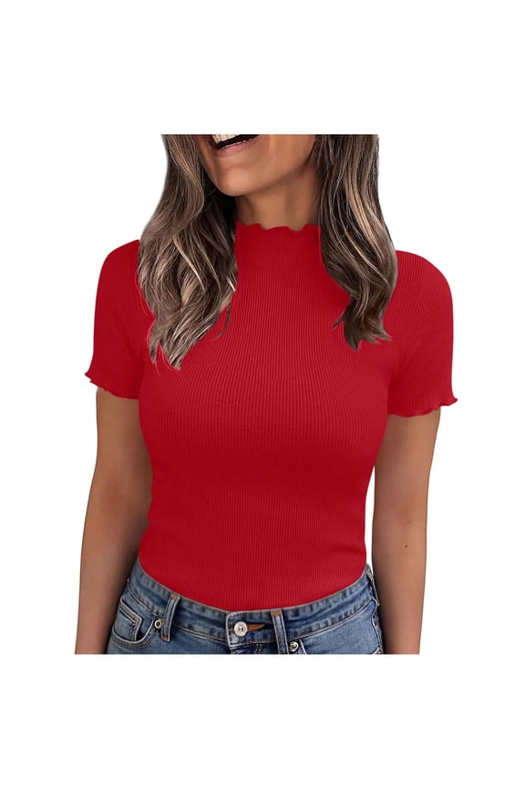 Women's High Neck Tees Ribbed Short Sleeve T-Shirt with Scallop Trim Stretchy Summer Top Red 2XL