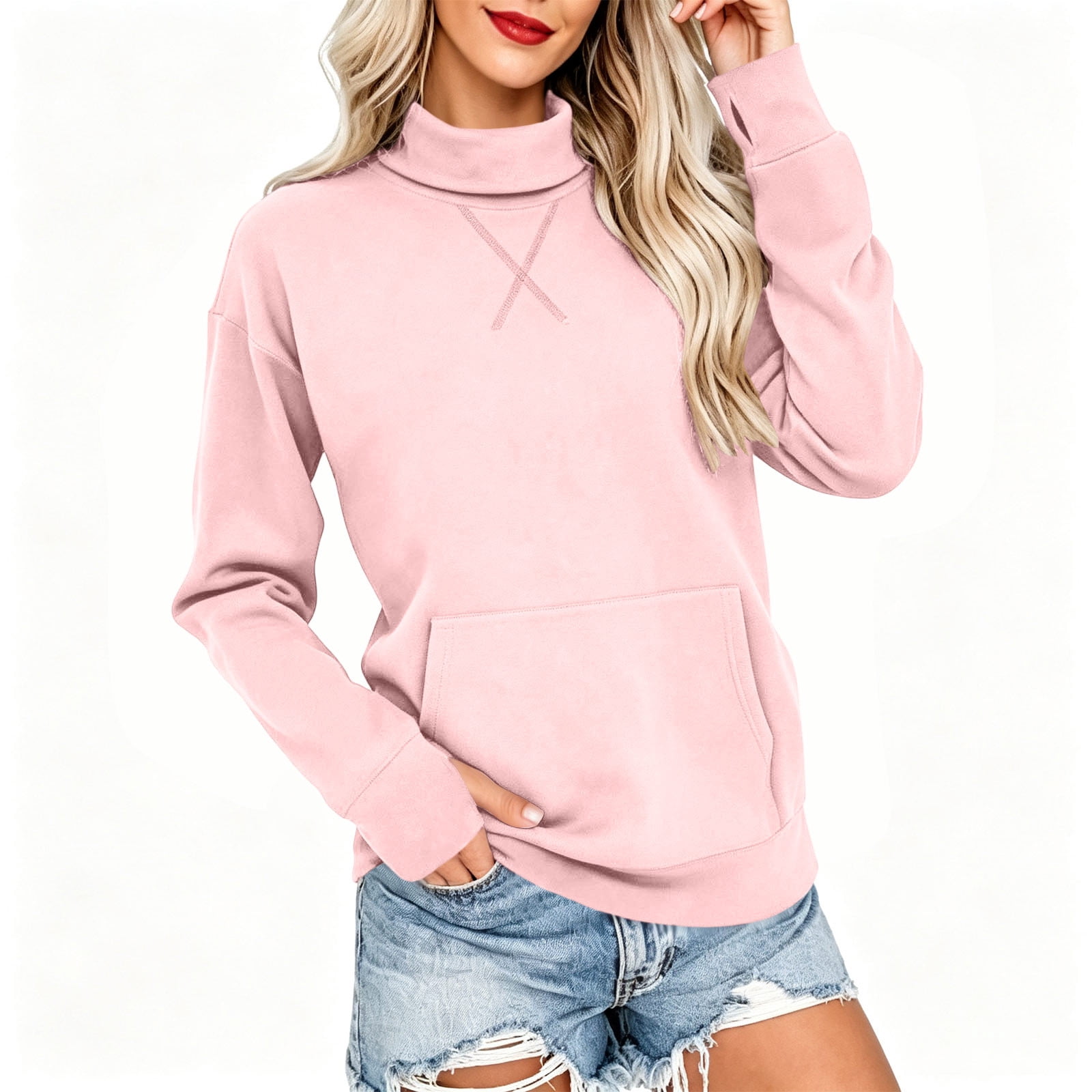Women's High Neck Thermal Thumb Hole Sweatshirt Cross Stitch Detail ...