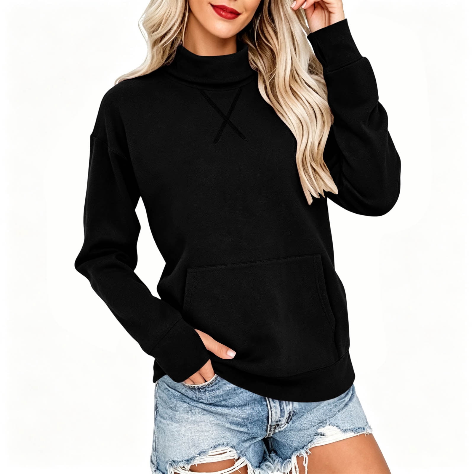 Women's High Neck Thermal Thumb Hole Sweatshirt Cross Stitch Detail ...