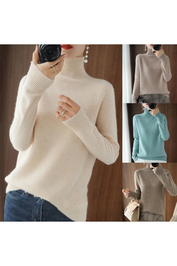 Women's High Neck Turtleneck Long Sleeve Loose Fit Sweater Pullover Top Solid Color Warm Knit Casual Winter Fashion Gift | CSEONE,Beige L