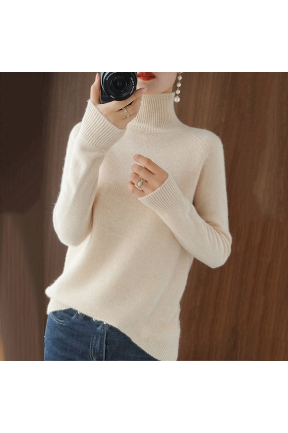 Women's High Neck Turtleneck Sweater, Long Sleeve Loose Fit Knit Top, 100% Polyester Solid Color Casual Blouse, Ideal for Daily Wear and Home Comfort