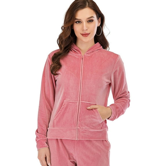 Women's High-Neck Ultra Soft Velvet Solid Full-Zip Hoodie Jacket (Only Top)