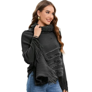 Women's High Neck Warm Shawl Wrap Cape Winter Sweaters Open Front Poncho with Fringed