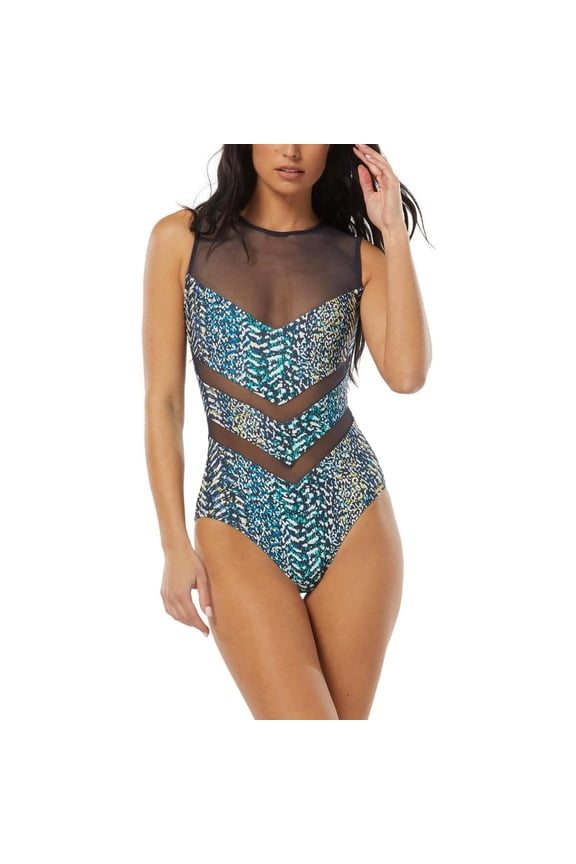 Womens Illusion Printed One-Piece Swimsuit Navy 8