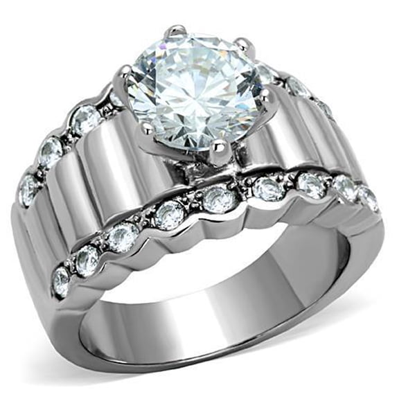 Women's High Polished Stainless Steel Engagement Ring with 8.5 mm AAA Cubic Zirconia - Size 8