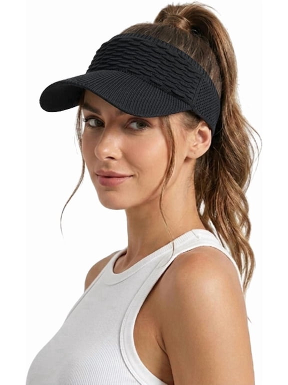 Women's High Ponytail Sun Visor Hat, Knitted Breathable Wide Brim UV Protection Cap, Foldable Lightweight Empty Top Sports Hat for Outdoor Running Hiking Beach Travel, Black