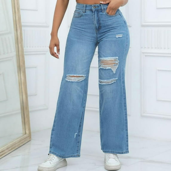 Women's High Quality Distressed Wide Leg Jeans, High Waist Ripped Jeans, Loose Fit Denim Pants, Chic Casual Jeans, Elastic Waist Stylish Jeans Blue L