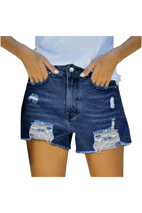 Women's Denim Shorts Casual Summer Mid Waist Ripped Cut Hem Washed Distressed Stretchy Denim Jean Shorts
